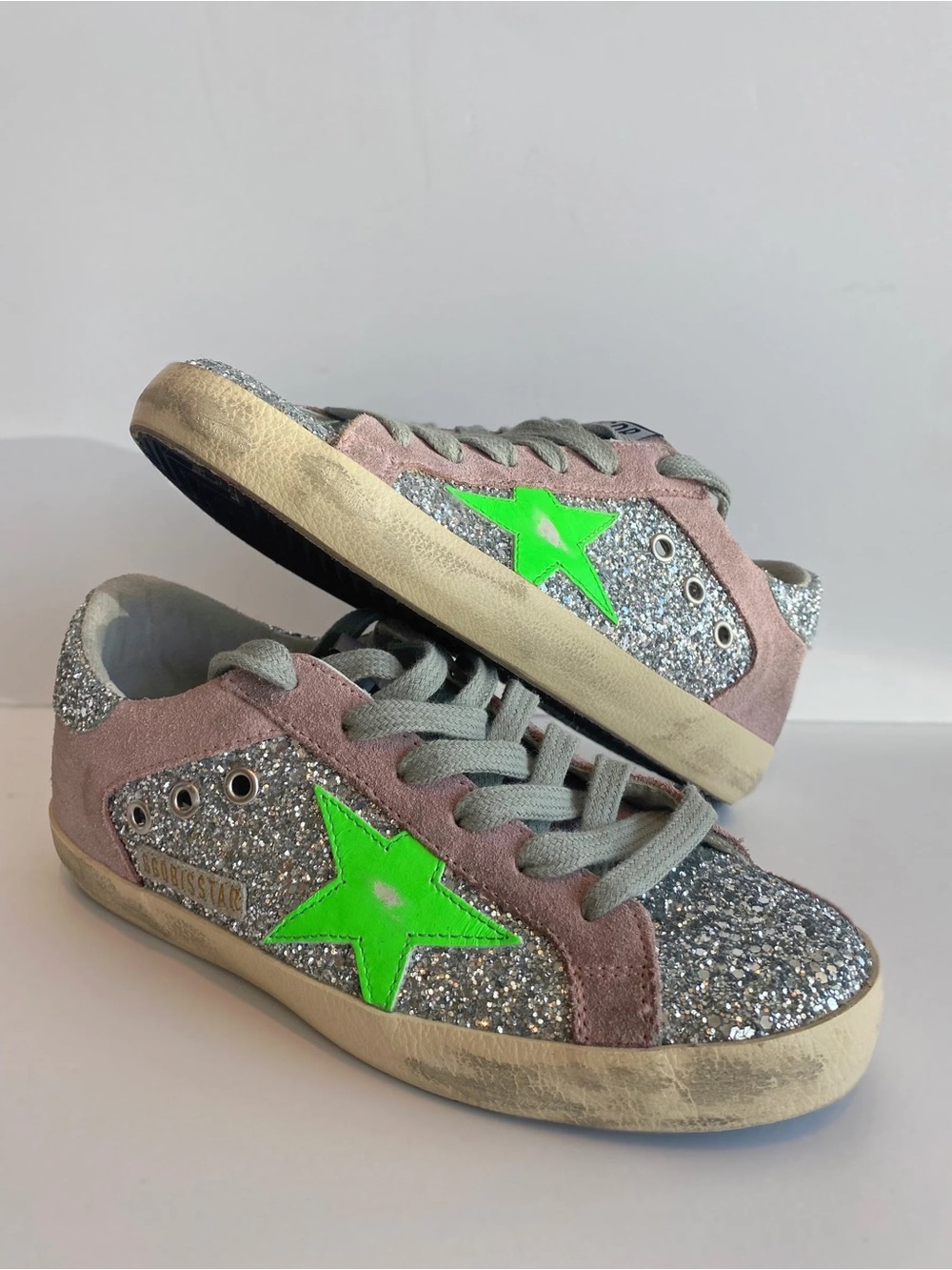 Golden Goose Deluxe Brand Glitter Sneaker with Neon Green Star S40